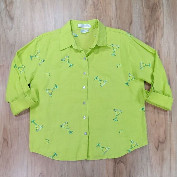 🔹️Casey Coleman Lime Embroider Margaritas Button Linen Top Medium - Picture 2 of 11